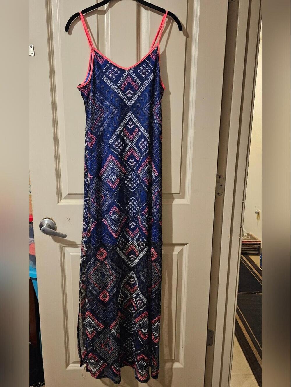 Fire Los Angeles Navy Geometric Maxi Dress with Pink Trim L